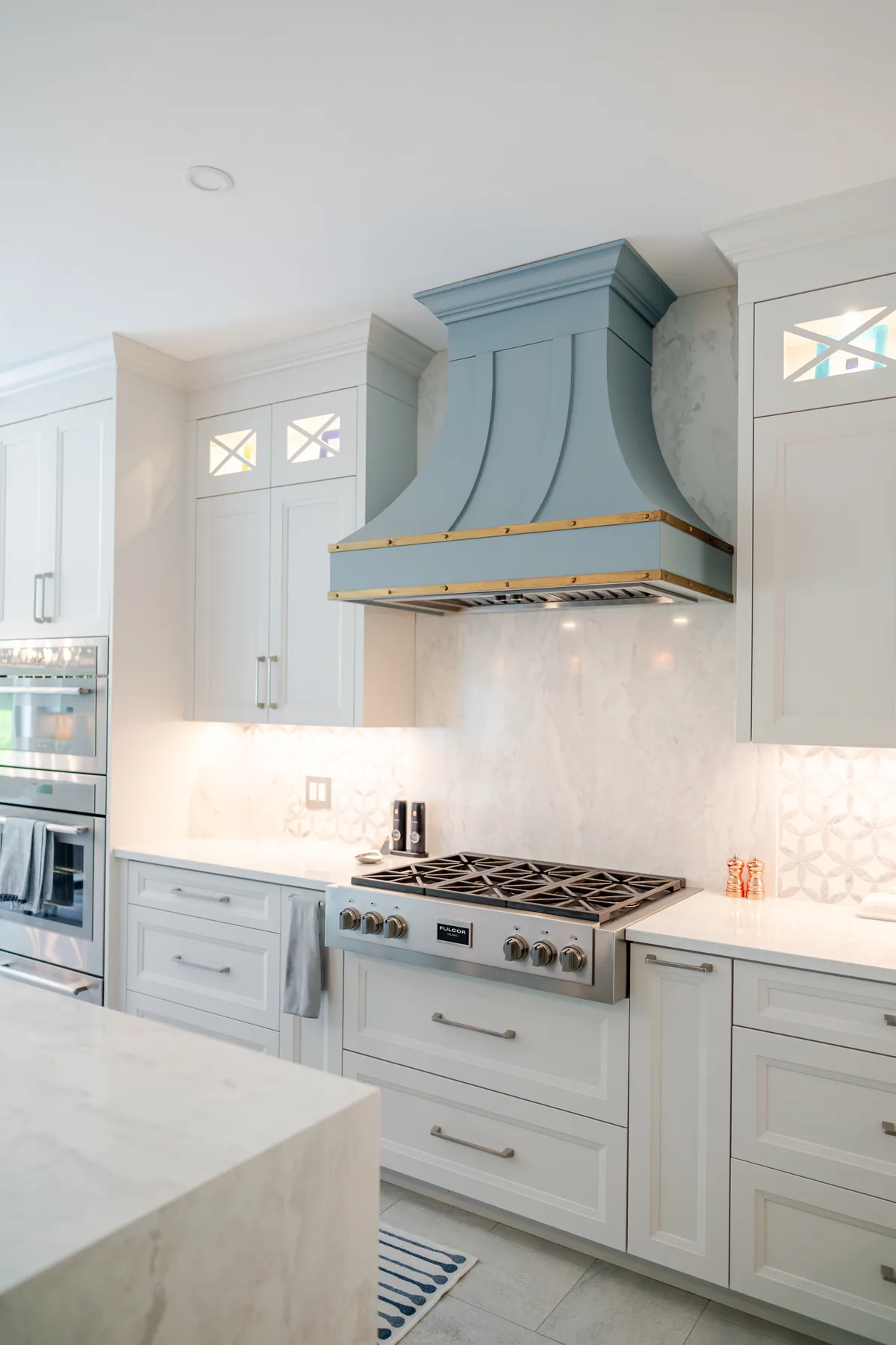 gs-woodworking-nairn-road-010-1200w Custom blue range hood and white kitchen cabinetry by G&S Woodworking
