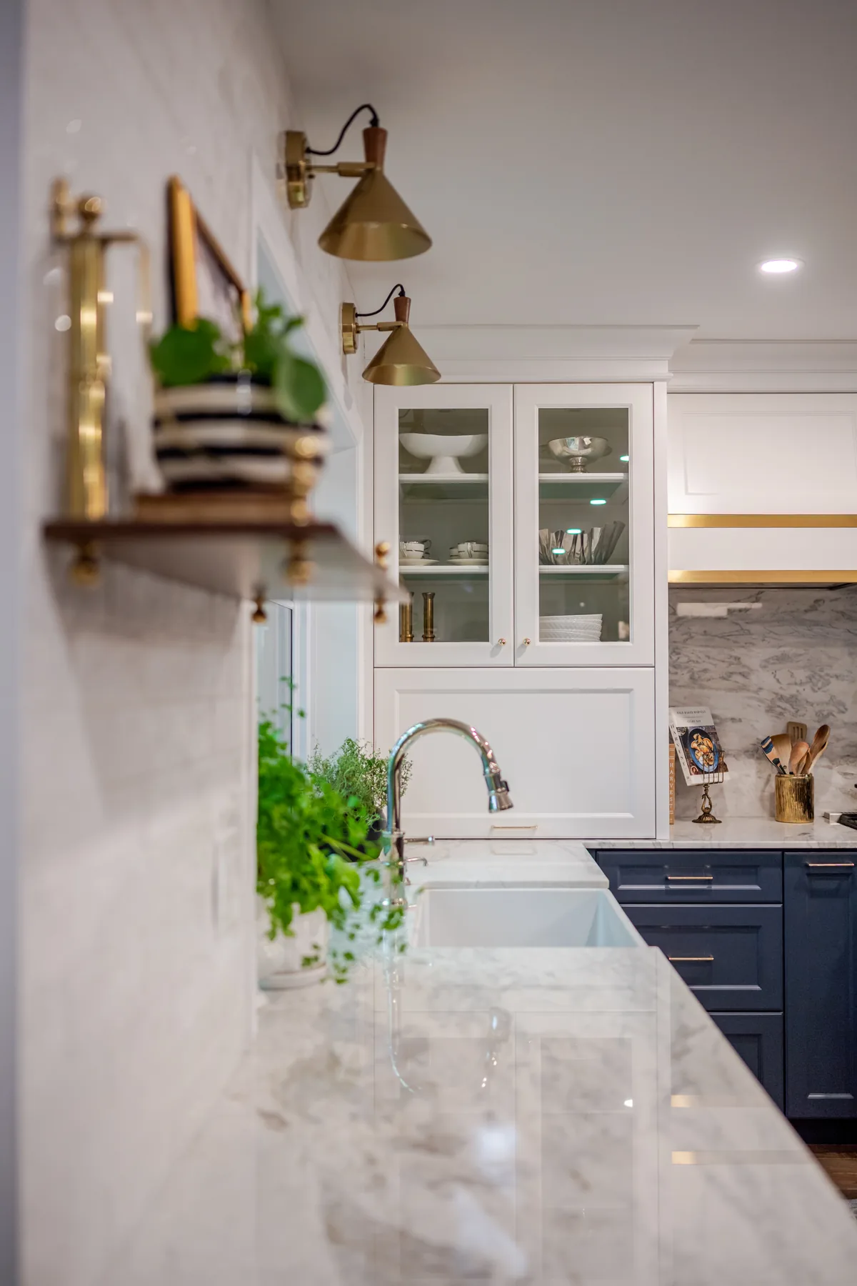 gs-woodworking-shady-pines-076-1200w Custom white and blue kitchen cabinets with brass hardware by G&S Woodworking, a custom cabinet maker based in London, Ontario