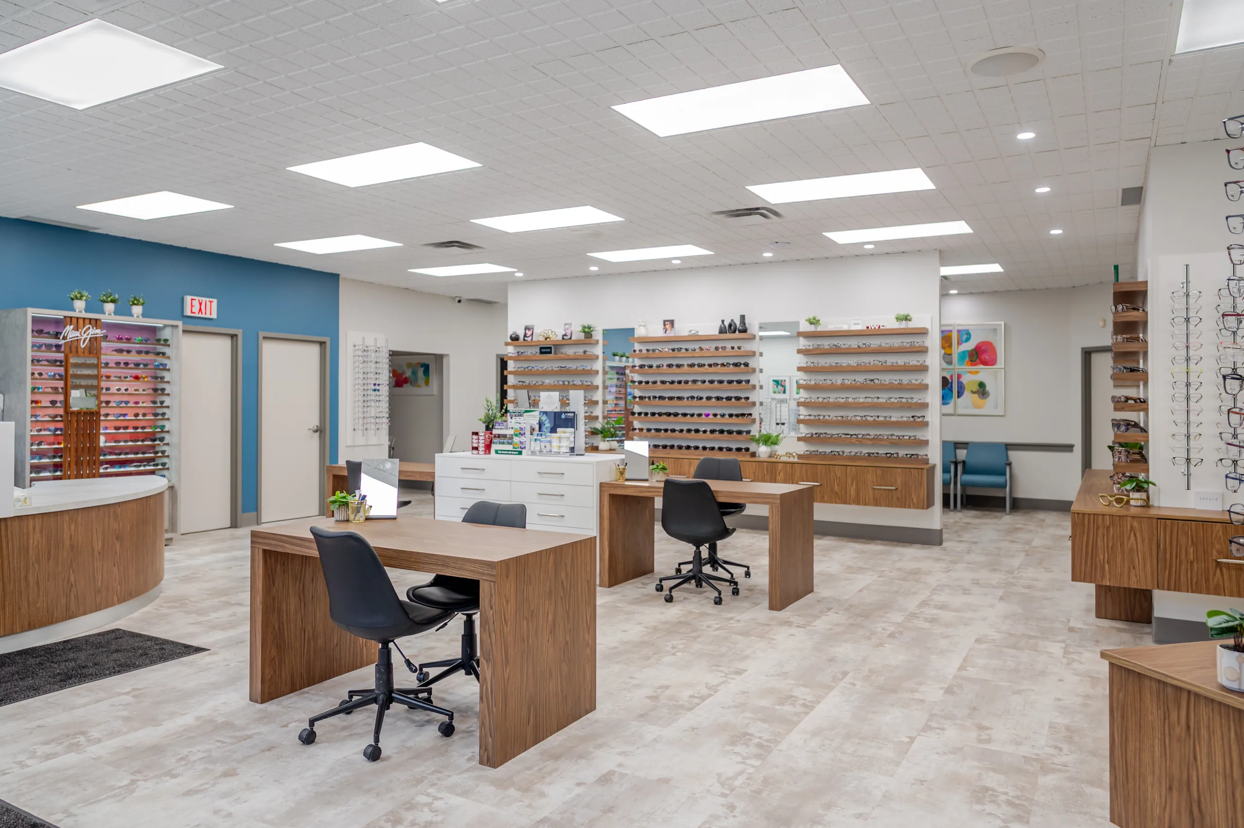 Custom commercial millwork and display fixtures for optometrist by G&S Woodworking